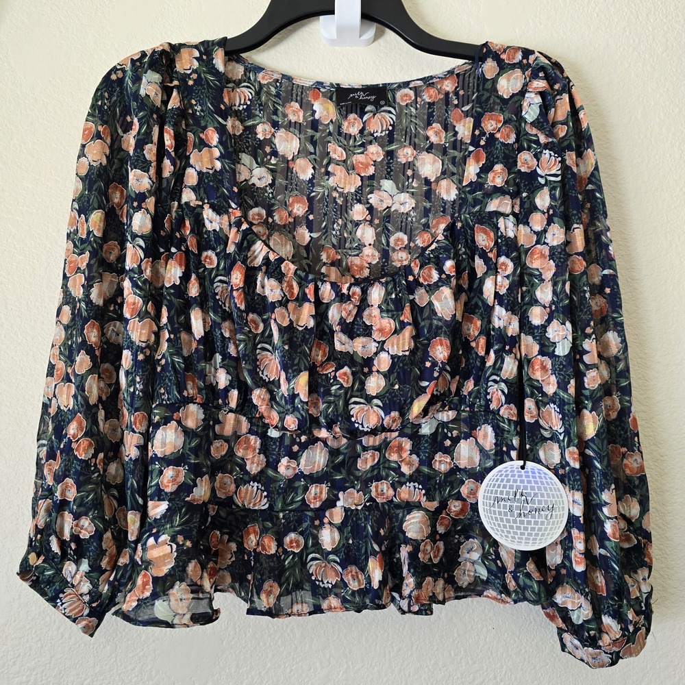 NWT Womens Floral Crop Top Sz Medium Coquette Cottagecore Fairy Forest Sheer Y2k